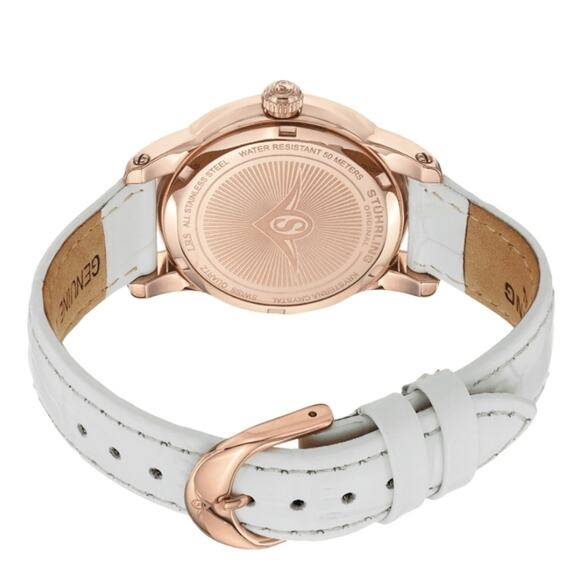 Women's Watch Stührling Ultra Slim 34mm Quartz Rose Gold White Leather Strap NEW - Picture 2 of 3